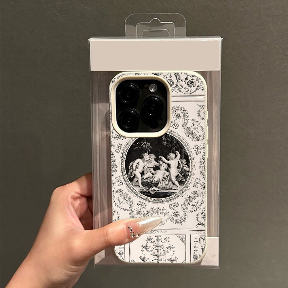 Vintage Floral Pattern Soft Case - ヴィンテージバロック天使柄、iPhone 18、17、16、15、14、13、12、11 Pro Max Plus Air対応、女性向け、ソフトTPUケース。