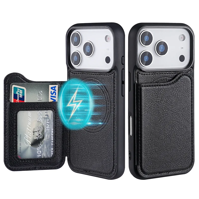 Leather Wallet Card Holder Phone Cover - iPhone 17 Air、16、15 Plus、14、13、12、18 Pro Maxに対応した、MagSafe磁石内蔵のレザー製カードホルダー付きスマートフォンケース。保護カバーとしても使用可能。