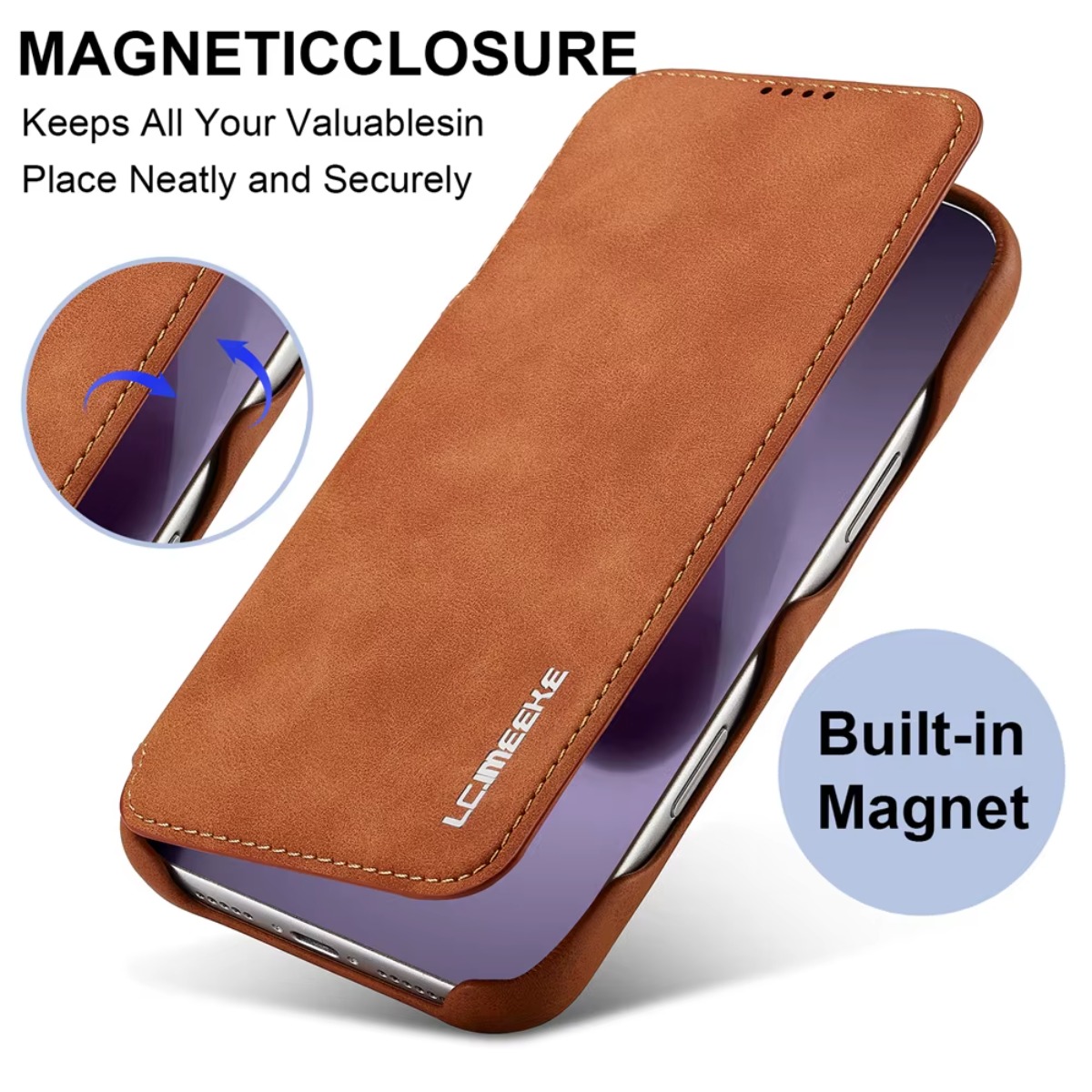 Leather Wallet Card Holder Phone Cover - レザー財布型マグネットフリップカバー、カードホルダー付き、Apple iPhone 17 Air、16 Pro Max、14、15