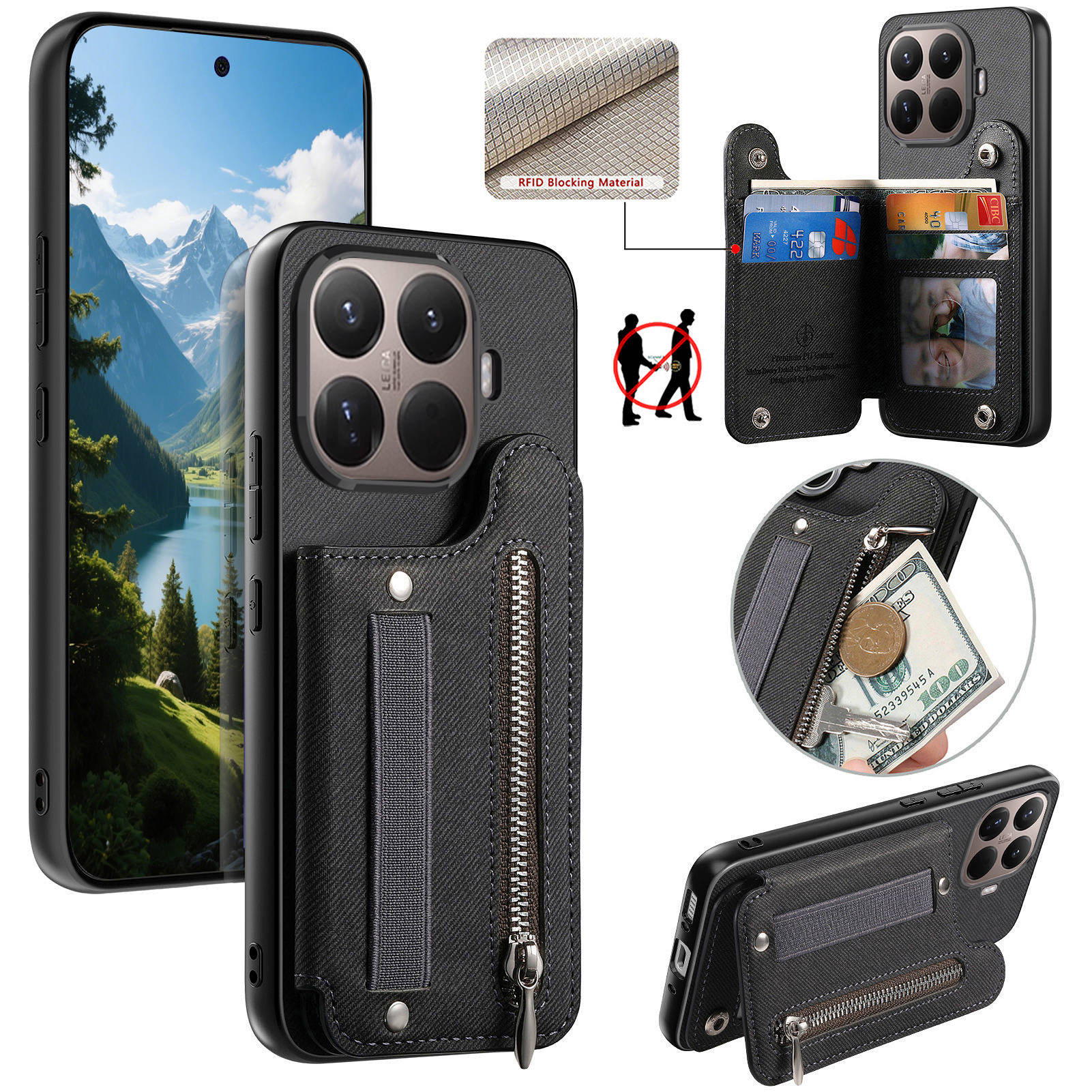 Leather Wallet Card Holder Phone Cover - RFID リストストラップジッパーウォレットレザーカードホルダー付き電話ケース Xiaomi 17T 17TPro 15T